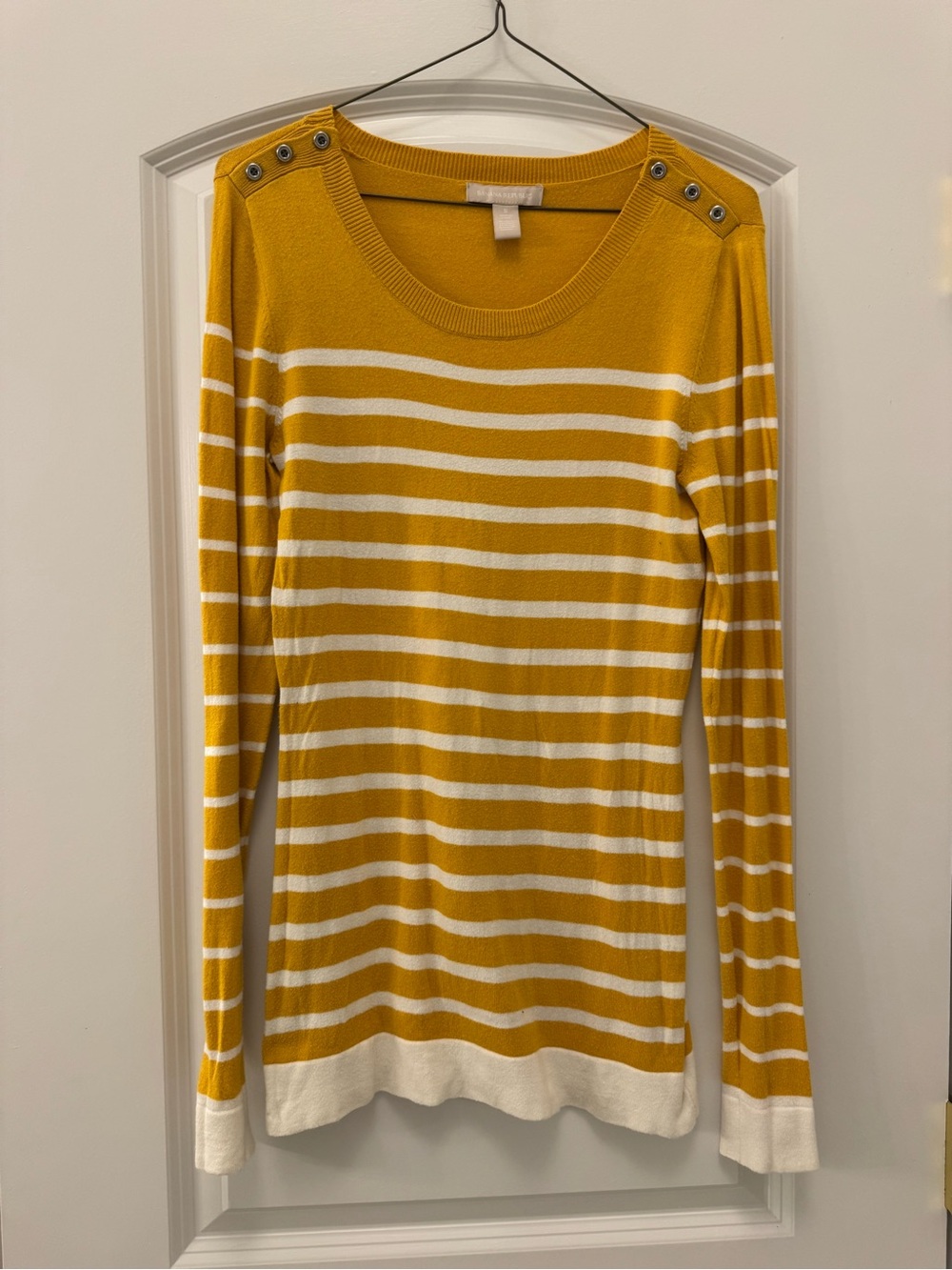 Banana Republic Yellow and White Striped Boatneck Sweater with Shoulder Buttons
